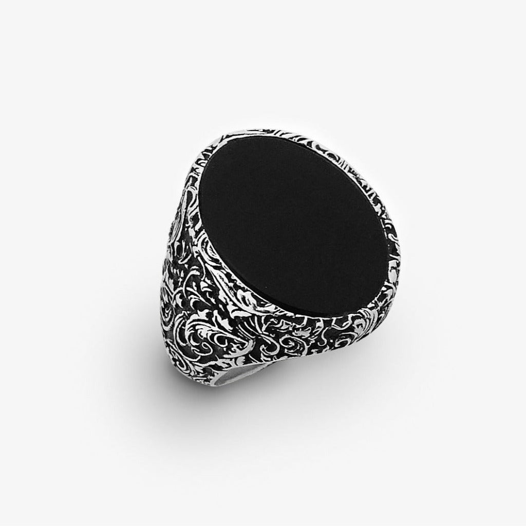 Anello Ovale Damascato Pasta Nera Argento